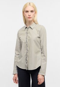 Gestreepte button-up shirt in beige en olijfgroen, met een franje aan de voorkant en accenten op de manchetten, met lange mouwen en een getailleerde pasvorm.