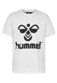 Witte katoenen t-shirt met een opvallend zwart grafisch logo met ronde accenten en het woord "hummel" in vetgedrukte, kleine letters.