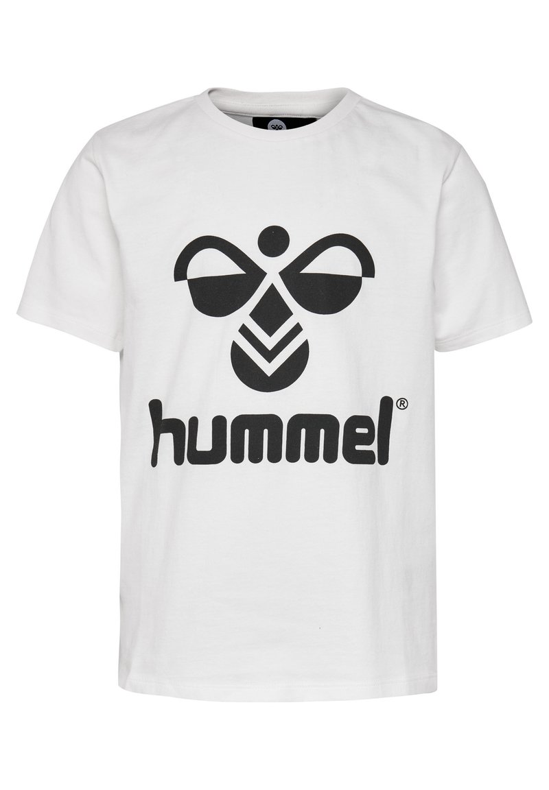 Witte katoenen t-shirt met een opvallend zwart grafisch logo met ronde accenten en het woord "hummel" in vetgedrukte, kleine letters.