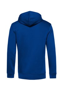 Sudadera con capucha azul de textura suave, de mangas largas y puños acanalados. Presenta una capucha redondeada y un dobladillo recto.
