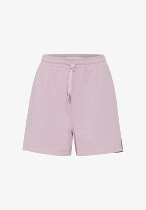 Heledad roosa puuvillane lühike püksid elastse vöökaarega, nööriga ja külgsugete lõigetega lisamugavuse ja stiili jaoks. Sile tekstuur, juhuslik disain.