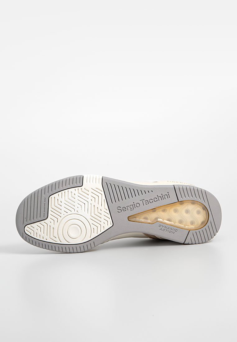 Soletta delle sneaker Sergio Tacchini in grigio e crema, con motivi testurizzati, una sezione con ammortizzazione a bolla e logo del marchio visibile.