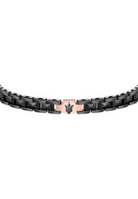 Braccialetto in metallo nero con maglie rettangolari lisce, accentuato da una chiusura in oro rosa con dettaglio del logo e piccoli diamanti incastonati.