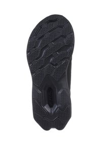 Zwarte sportieve schoenzool met een gestructureerd rubberen oppervlak met zeshoekige en zigzagpatronen voor grip. Logo zichtbaar aan de onderkant.