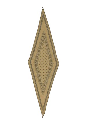 Langer, diamantförmiger beiger Schal mit schwarzen Paisley- und Blumenmustern entlang der Ränder und in der Mitte.