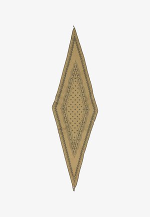 Langer, diamantförmiger beiger Schal mit schwarzen Paisley- und Blumenmustern entlang der Ränder und in der Mitte.