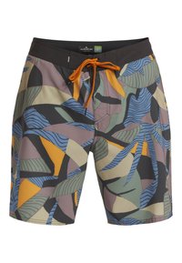 Swim shorts featuring a mix of colorful leaf patterns in green, brown, blue, and orange. Made from lightweight fabric with an elastic waistband.