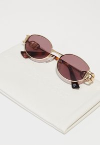 Gafas de sol redondas con lentes de color rojo oscuro y marco dorado, que cuentan con almohadillas nasales transparentes y una punta de patilla negra, descansando sobre un estuche blanco.