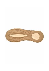 Suola di scarpa con grip pattern; materiale in gomma beige e marrone chiaro, con un emblema logo e scanalature curve per una maggiore aderenza.