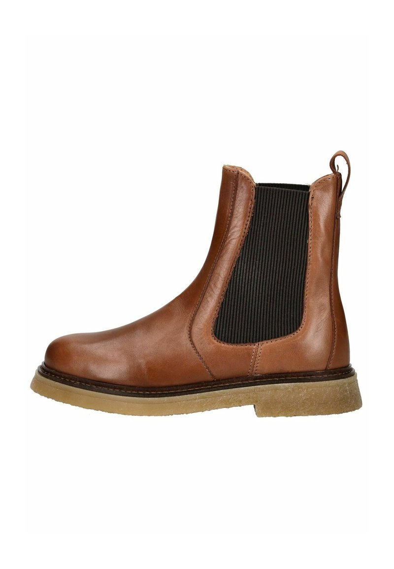Bottines Chelsea en cuir marron avec panneaux élastiques sur les côtés, languette de traction et semelle en caoutchouc texturé. Fini lisse avec des accents noirs contrastants.