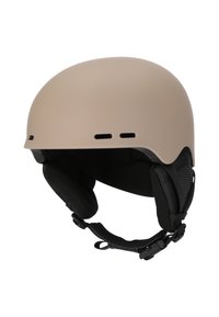 Helm mit einem matten beigen Äußeren, runder Form, schwarzen Innenpolsterung und verstellbarem Kinnriemen mit Belüftungsöffnungen an den Seiten.