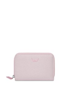 Pink canvas wallet with a textured surface, zip closure, and embroidered logo. Features a small tag with silver hardware.
