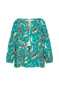Blusa turchese con maniche lunghe e scollatura arricciata, caratterizzata da un motivo paisley in giallo, blu navy e bianco. Include un dettaglio con nappina.