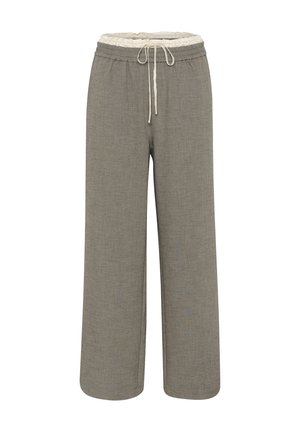 Pantaloni largi dintr-un material gri deschis. Brâu elastic cu șnur. Finisaj texturat, fără modele sau accente vizibile.
