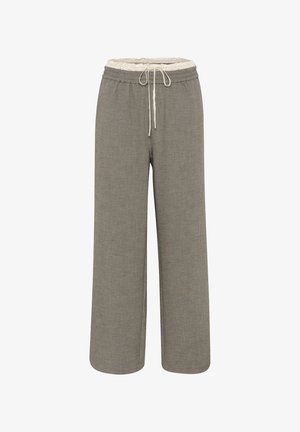 Helle graue Stoffhose mit weitem Bein. Elastischer Bund mit Kordelzug. Strukturiertes Finish, keine sichtbaren Muster oder Akzente.