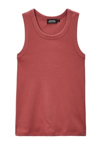 Débardeur couleur rouille en tissu côtelé, avec un col rond et de larges emmanchures. Design simple sans motifs ni accents supplémentaires.