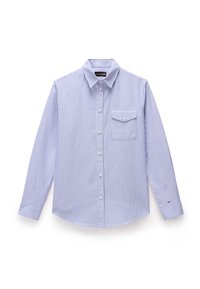 Striped button-up shirt in blue and white, made of fabric with a smooth texture. Features a chest pocket and long sleeves with buttoned cuffs.