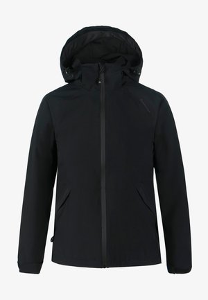 Sort vandtæt jakke med aftagelig hætte, frontlynlås, to sidelommer og elastiske manchetter for en sikker pasform.