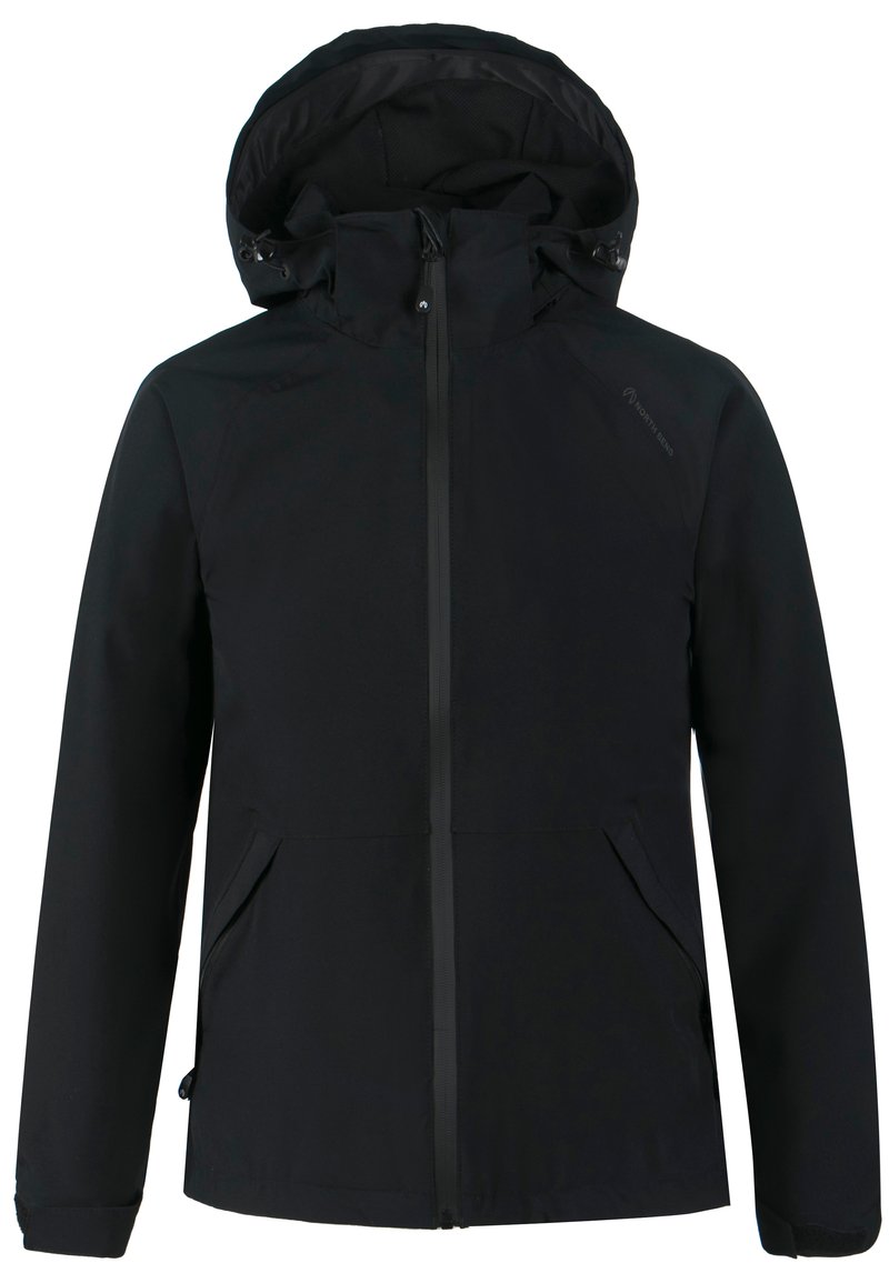 Sort vandtæt jakke med aftagelig hætte, frontlynlås, to sidelommer og elastiske manchetter for en sikker pasform.