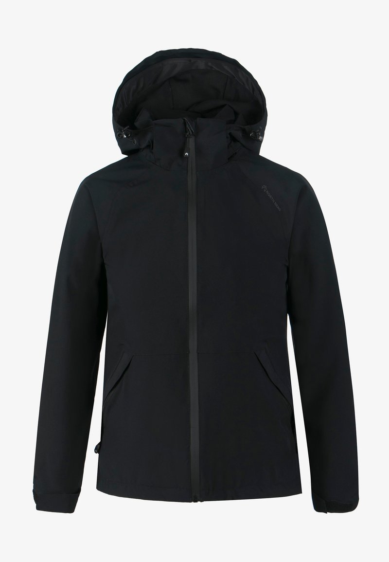 Sort vandtæt jakke med aftagelig hætte, frontlynlås, to sidelommer og elastiske manchetter for en sikker pasform.