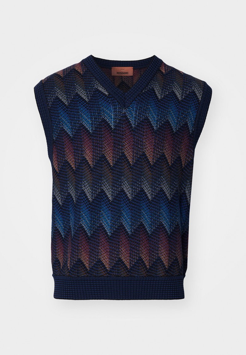 Gilet in maglia senza maniche con motivo a zigzag in tonalità di blu, rosso e navy. Design a V con orlo e bordi texturizzati.