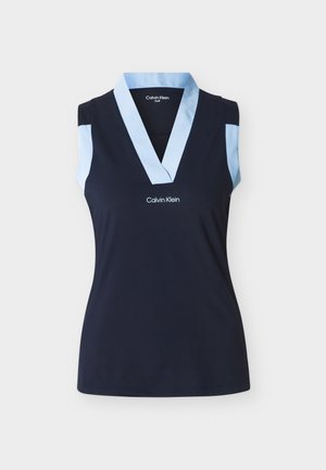 Sleeveless navy blue golf top with light blue V-neck collar and arm accents, featuring Calvin Klein logo on chest and inside neckline.