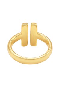 Anello in oro con un design aperto, caratterizzato da due barre verticali sulla parte superiore. Superficie liscia e lucida con forma rotonda e texture uniforme.