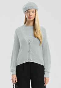 Šviesiai pilkas megztinis su V formos iškirpte, trimis mygtukais ir plačiomis rankovėmis. Sutapatintas su derančia ilgomis rankovėmis palaidine ir juodomis kelnėmis.