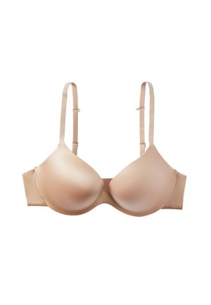 Bra imbottito color beige chiaro in tessuto liscio, con spalline regolabili e chiusura a gancio. Progettato con una finitura senza cuciture e coppe sagomate.