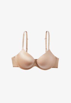 Bra imbottito color beige chiaro in tessuto liscio, con spalline regolabili e chiusura a gancio. Progettato con una finitura senza cuciture e coppe sagomate.