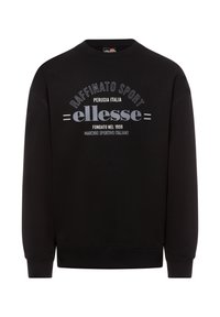 Sudadera negra con cuello redondo, que presenta un logotipo impreso y texto en blanco y gris. Fabricada con una tela suave y texturizada.