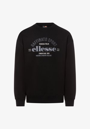Sudadera negra con cuello redondo, que presenta un logotipo impreso y texto en blanco y gris. Fabricada con una tela suave y texturizada.