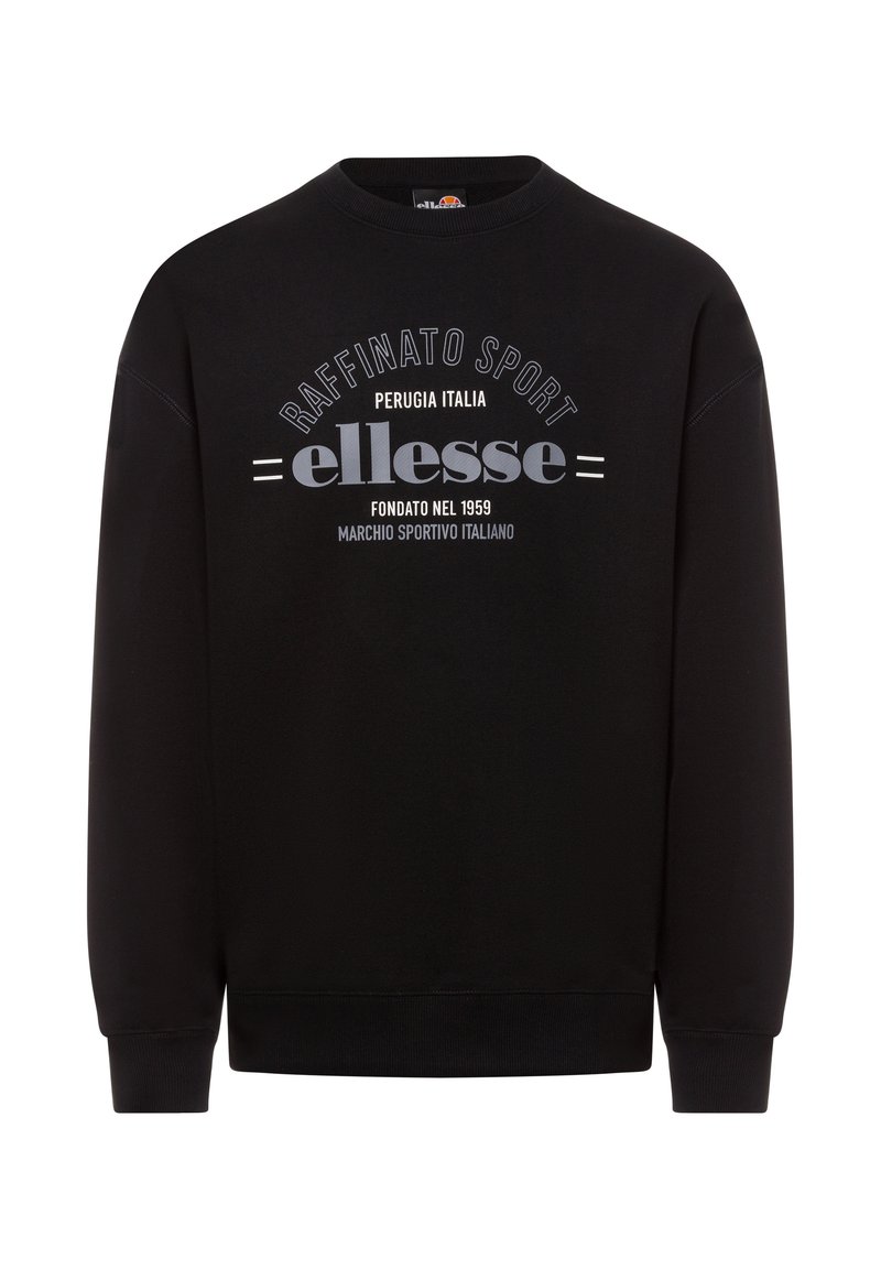 Sudadera negra con cuello redondo, que presenta un logotipo impreso y texto en blanco y gris. Fabricada con una tela suave y texturizada.