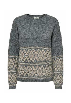 Pull en maille gris avec motif losanges beiges sur la partie inférieure et les manches, doté d’un col rond et de manches longues.