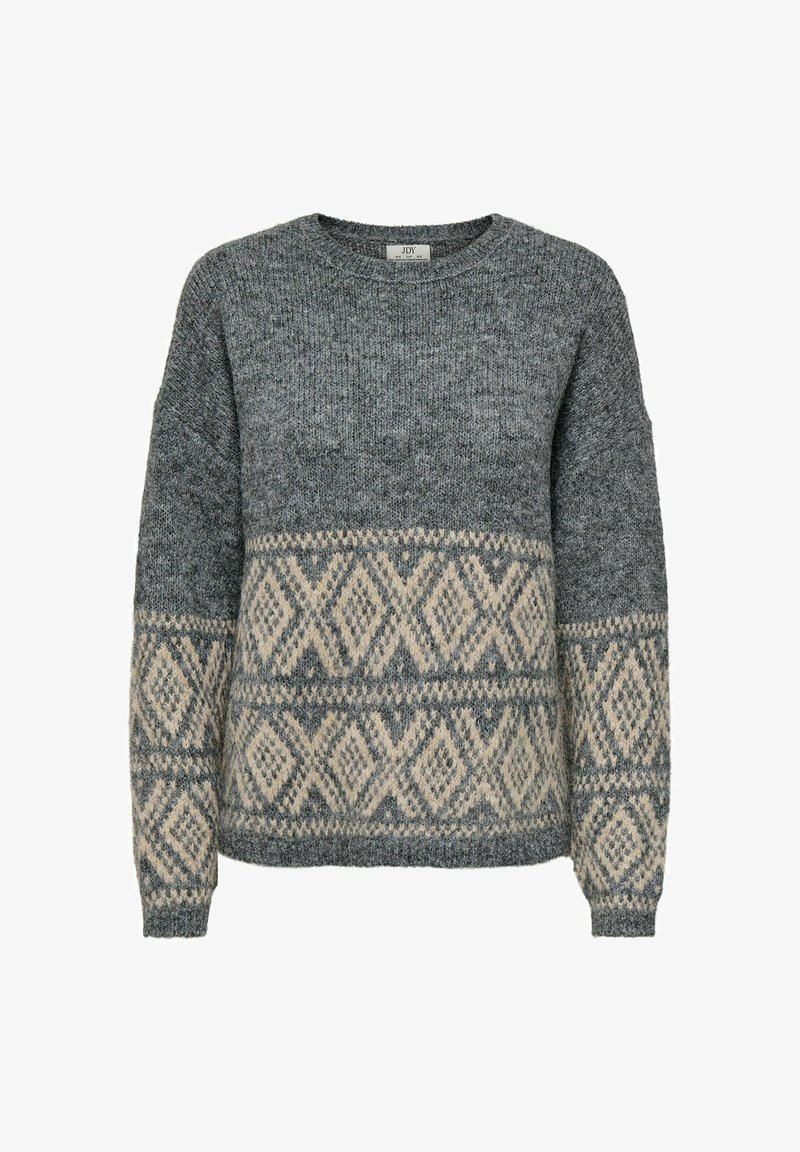 Pull en maille gris avec motif losanges beiges sur la partie inférieure et les manches, doté d’un col rond et de manches longues.