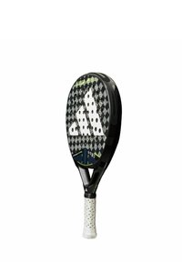 Padel racket with a round head, black and white diamond pattern, vented surface, black handle, and textured grip with soft white accents.