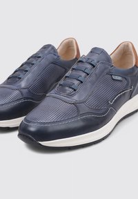 Zapatillas de cuero de color marino con diseño perforado, cordones elásticos y un acento marrón en el talón. Suela blanca con patrón de agarre texturizado.