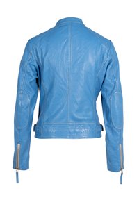 Blaue Leder-Motorradjacke mit tailliertem Design, gerippten Schulterdetails, Reißverschlussärmeln und einer glatten, glänzenden Textur.