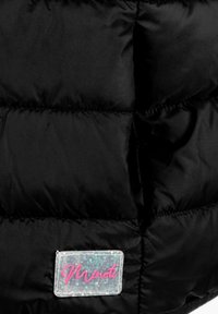 Black puffer jacket featuring a shiny, quilted surface. A clear label with glitter and pink text reads "Minoti" on the front.