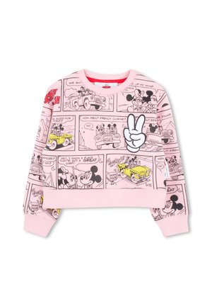 Felpa rosa con pannelli di cartoni animati di Topolino e Minni in contorni neri, con un'applicazione di un segno di pace sulla parte anteriore.