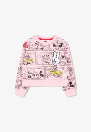 Felpa rosa con pannelli di cartoni animati di Topolino e Minni in contorni neri, con un'applicazione di un segno di pace sulla parte anteriore.