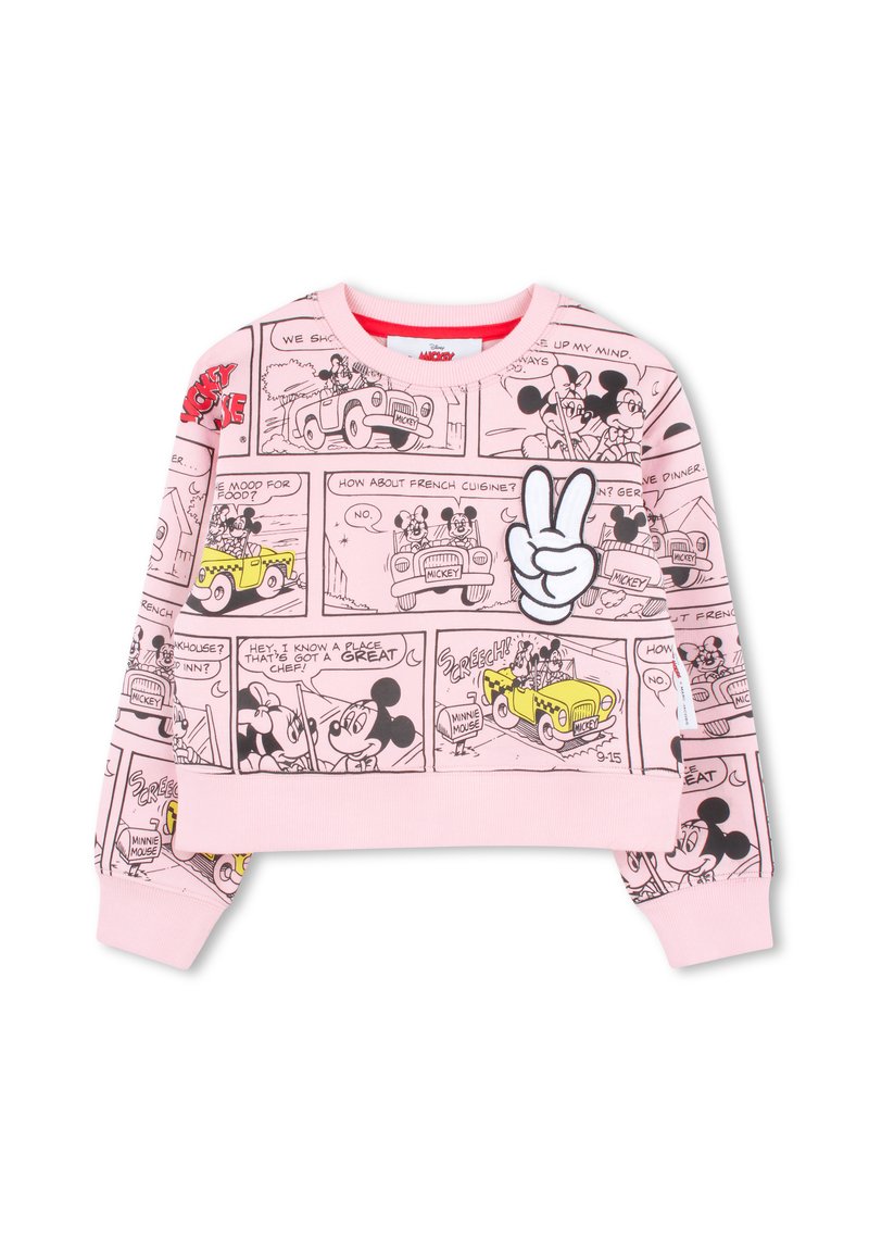 Felpa rosa con pannelli di cartoni animati di Topolino e Minni in contorni neri, con un'applicazione di un segno di pace sulla parte anteriore.