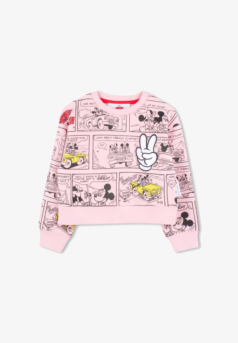 Sweatshirt rose avec des cases de bande dessinée de Mickey Mouse et Minnie Mouse en contours noirs, avec un appliqué de signe de paix sur le devant.