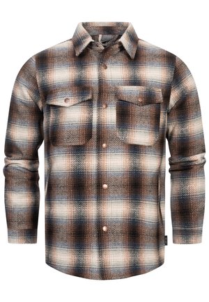 Bruine en blauwe geruite flanellen shirt met een knopenfront, twee borstzakken, lange mouwen en een gestructureerde stof.