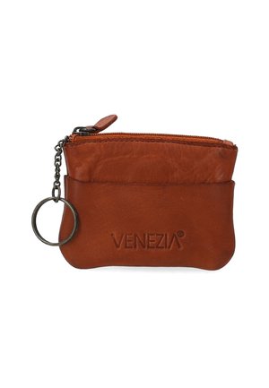 Brown leather coin pouch with a zippered closure, smooth texture, embossed logo, and a keyring attached for convenience.