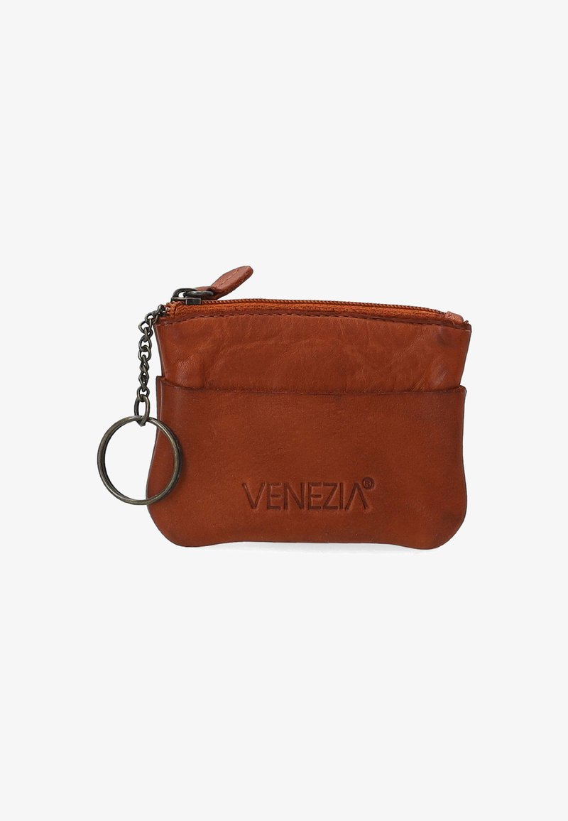 Braunes Leder-Münzfach mit einem Reißverschluss, glatter Oberfläche, geprägtem Logo und einem angebundenen Schlüsselring für Komfort.