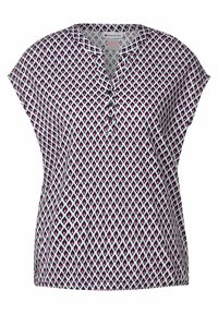 Blusa corta a maniche corte di taglio ampio con un motivo geometrico a diamante in viola, nero e bianco, con scollo a V e dettagli con bottoni.