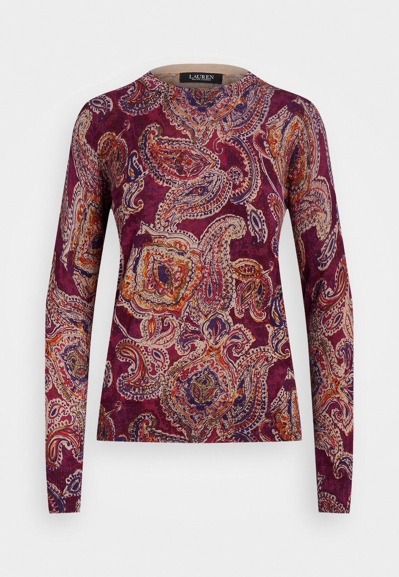 Sweater à manches longues violet avec un motif paisley complexe en orange, bleu et crème. Fabriqué en tissu doux avec un col rond.