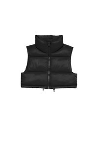 Black cropped puffer vest with high collar and front zipper, designed for warmth and style in cold weather.