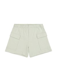 Helle grüne Baumwollshorts mit einem elastischen Bund, ausgestattet mit zwei seitlichen Cargo-Taschen und einem lässigen Schnitt. Glatte Textur, lässiges Design.